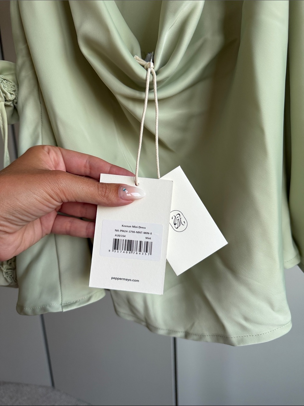 Peppermayo Sage Green Mini Dress with Floral Tie Accents - Picture 7 of 7